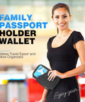 Woman holding Family RFID Travel Document Organizer And Passport Wallet For Women And Men On The Go Waterproof Zippered Card Holder