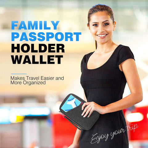 Woman holding Family RFID Travel Document Organizer And Passport Wallet For Women And Men On The Go Waterproof Zippered Card Holder