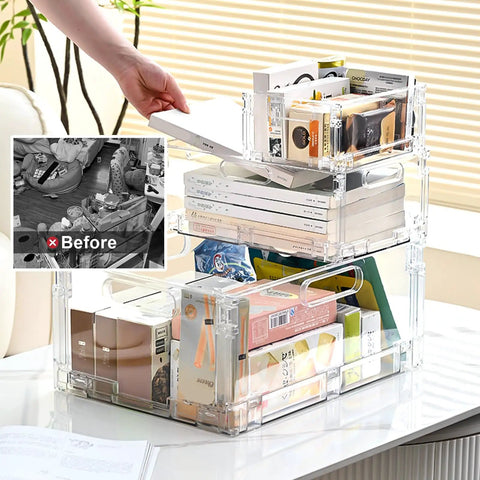 Foldable Plastic Storage Baskets With Handles 2 Pack Grab-And-Go Stackable Collapsible Crates with books and small items