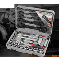 Open Three Eighths Inch Drive Socket Ratchet Set, 32 Piece Auto Tools Kit in Portable Case for Easy Car Repair.