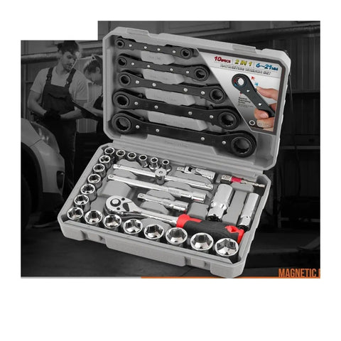 Open Three Eighths Inch Drive Socket Ratchet Set, 32 Piece Auto Tools Kit in Portable Case for Easy Car Repair.