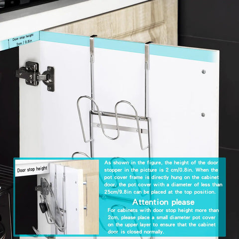 Kick Stale Clutter Out With This Heavy Duty Cabinet Pot Lid Organizer Door Mounted 304 Stainless Steel Cover Rack Adjustable Height Pan Holder For Real Easy Closet Organization Game Changer showing installation height details.
