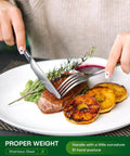 Person using 20 Piece Stainless Steel Flatware Set For Four People Everyday Dining Utensils with steak and vegetables