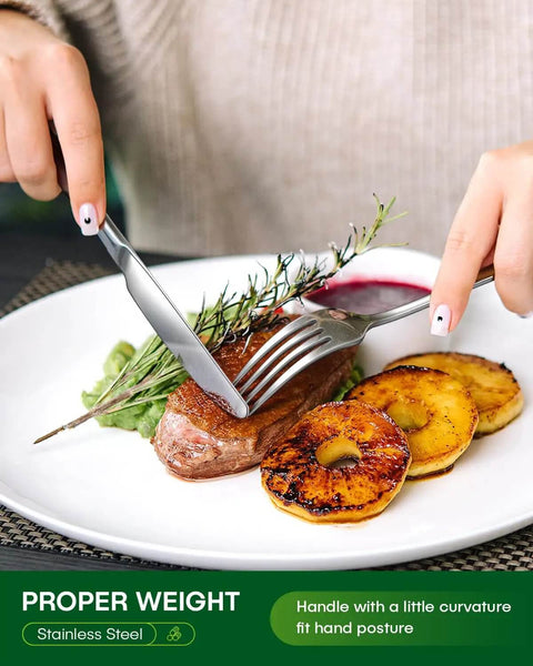 Person using 20 Piece Stainless Steel Flatware Set For Four People Everyday Dining Utensils with steak and vegetables
