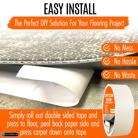 Double Sided Carpet Tile Tape 2 In By 90 Ft Heavy Duty With Reinforced Web Mesh, showing easy installation instructions.