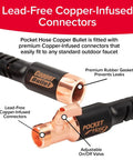 Lead-Free Copper-Infused Connectors on 50 Foot Expandable Garden Hose Featuring Tough Copper Blend Core And Adjustable 10 Spray Pattern Dial For Hassle Free Kink Free Backyard Watering Jobs.