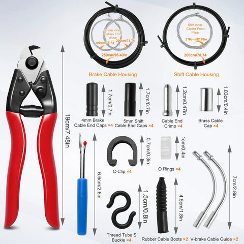 Pro Grade All In One Bike Cable Kit With Stainless Steel Cable Cutter Brake And Shifter Cables Housing Set End Caps Copper Sleeves And ORings For MTB And Road Bikes Repair Easy Upgrade shown with components.