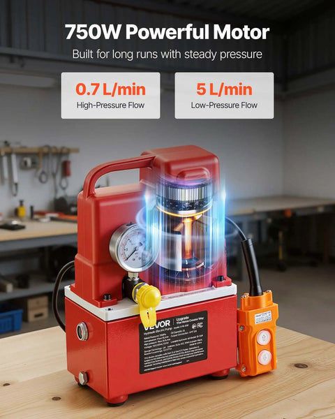 Electric Hydraulic Pump Power Pack 750W 10000 PSI 120V with solenoid valve on workbench in workshop setting