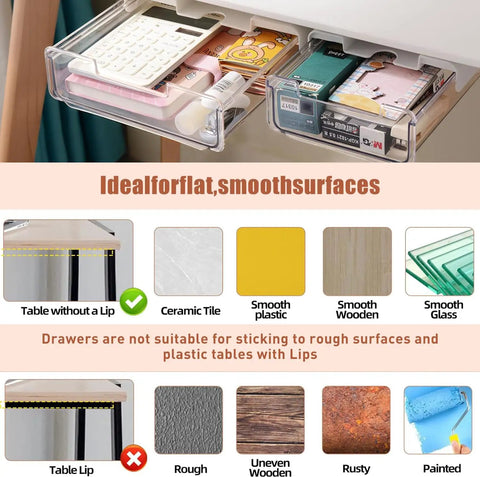 Two Pack Under Desk Storage Drawers With Smooth Slide Out Glides and Pick Either Adhesive Or Screw Mount setup ideal for flat surfaces.