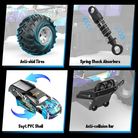 Details of All Terrain Remote Control Monster Truck For Boys 2.4GHz RC Car With LED Body Lights including tires and shocks.