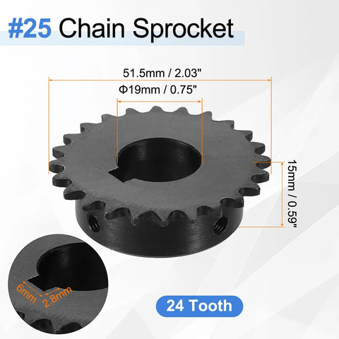 Two Pack Number 25 Roller Chain Sprocket For Heavy Duty ISO 04C, 24 Teeth, 19mm Bore, C45 Carbon Steel with Black Oxide
