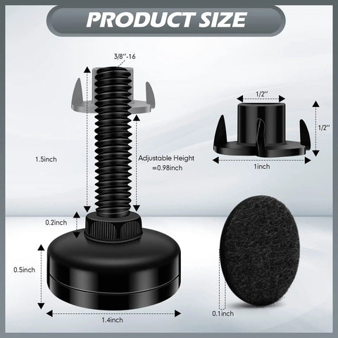 Heavy Duty Adjustable Furniture Leveling Feet Set Ten Pack With T Nut Kit Three Eighths Inch Sixteen Thread Leg Levelers size diagram