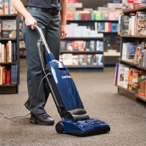 Professional Bagged Upright Vacuum Kicks Serious Dust With Smooth Glide Action Commercial rated design used in a bookstore.