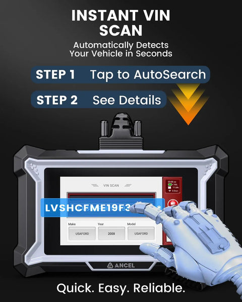DS100 OBD2 Scanner With Touchscreen AutoVIN In Seconds shown with onscreen VIN display.