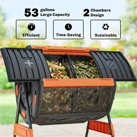 53 Gallon Dual Chamber Compost Tumbler With Geared Rotation Adjustable Vents Elevated Base And Lockable Handle For No Fuss Year Round Backyard Garden Composting showing open compartments with organic matter.