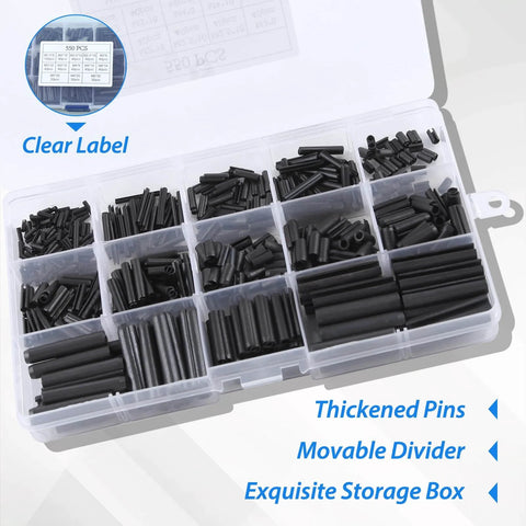550 Piece Roll Pin Set With Storage Case For Diy Home Improvement And Auto Repair Slotted Hollow Roll Pins Made From 65Mn Steel With Black Oxide Finish Expansion Pins That Flush Install Includes Sizes M1.5 Through M6 in labeled storage box