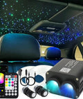 Car interior with Dual Color 20W Fiber Optic Starlight Kit With 400 Strands, 9.8ft Each, end glow RGBW light source setup visible