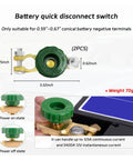 Heavy Duty Two Pack Top Post Battery Disconnect Switch features green plastic knob and copper terminals for 12 Volt or 24 Volt use.