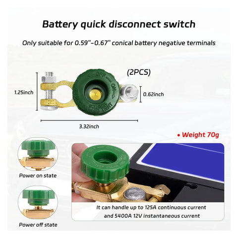 Heavy Duty Two Pack Top Post Battery Disconnect Switch features green plastic knob and copper terminals for 12 Volt or 24 Volt use.
