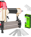 Heavy Duty 18 Gauge Pneumatic Brad Nailer Kit Includes Four Thousand Assorted Nails Job Site Ready Gear For Crown Molding Baseboards And Fine Woodworking Projects, featuring nailer, nails, and tools.