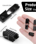 25 Pack Zipper Pull Tabs And Cord Ends For Shoelaces And Gear Fixes, Black Plastic Ends shown in different sizes and views