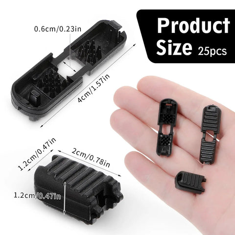 25 Pack Zipper Pull Tabs And Cord Ends For Shoelaces And Gear Fixes, Black Plastic Ends shown in different sizes and views