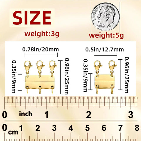 Magnetic Necklace Clasp Set For Layering No Fuss Quick Snap Closures Gold And Silver Separator with size measurements