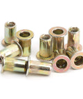 Professional Grade Durable Zinc Coated Rivet Nut Kit With 100 Count M4 Threaded Inserts flat nutserts assortment shown on white background.