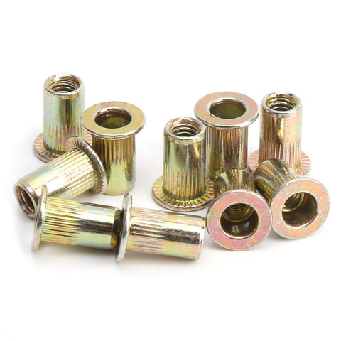 Professional Grade Durable Zinc Coated Rivet Nut Kit With 100 Count M4 Threaded Inserts flat nutserts assortment shown on white background.
