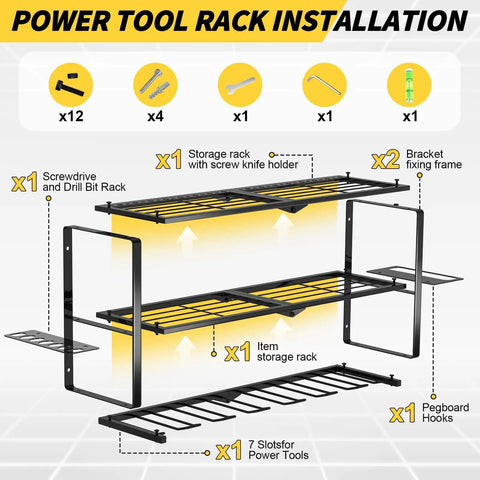 Beefy 3 Layer Power Tool Organizer Wall Mount With Seven Cordless Drill Holders Heavy Duty Tool Rack assembly parts.