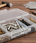 Rock Solid Semi Tubular Rivets 100 Pack 304 Stainless Steel Permanent Fasteners in a organizer box for easy access.
