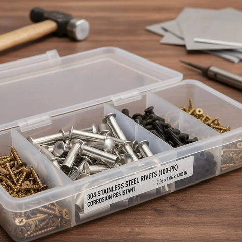 Rock Solid Semi Tubular Rivets 100 Pack 304 Stainless Steel Permanent Fasteners in a organizer box for easy access.