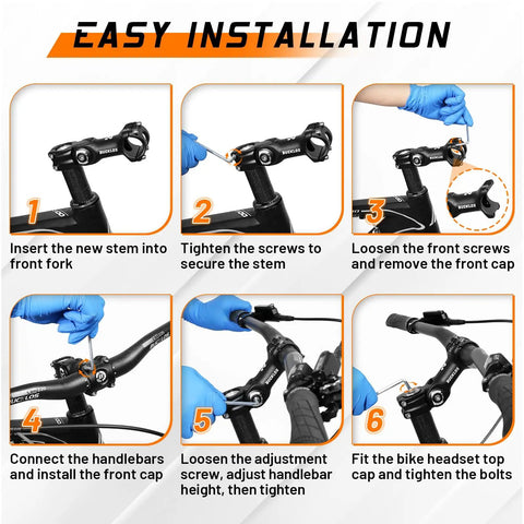 Step-by-step guide for installing Beefy Adjustable Bike Stem for 31.8mm and 25.4mm riser handlebars with tilt range.