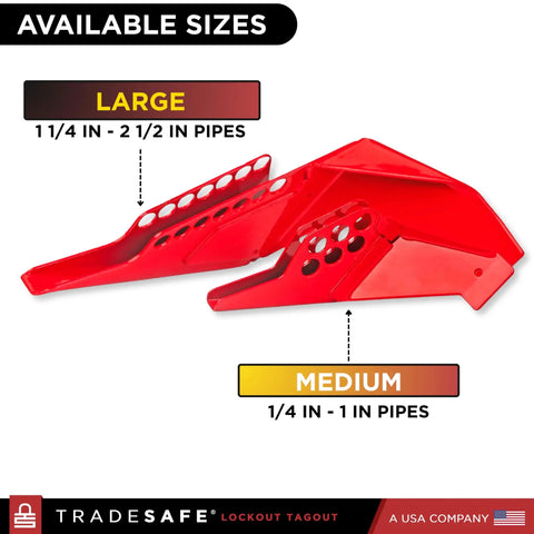 Red Ball Valve Lockout Device For 1/4 To 1 In Pipe Diameter, 6 LOTO Holes displayed in medium and large sizes