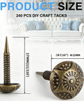 Top Shelf Vintage Floral Upholstery Tacks 240 Piece Set Antique Bronze with threaded design and measurements displayed.