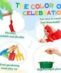 12 Piece Kids Beach Toy Set with colorful shovels, rakes, trowels, and buckets for sand play, highlighting durability and flexibility.