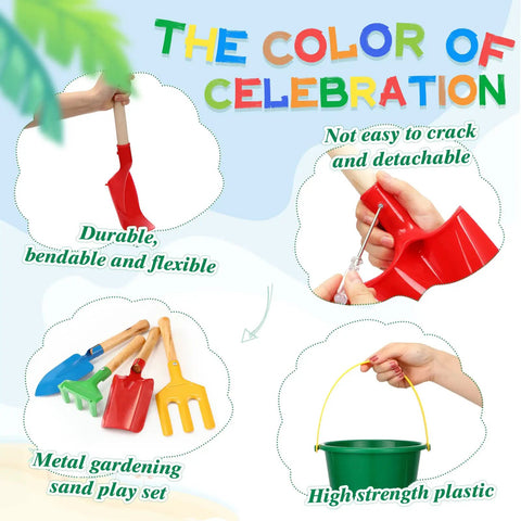 12 Piece Kids Beach Toy Set with colorful shovels, rakes, trowels, and buckets for sand play, highlighting durability and flexibility.