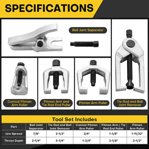 5 In 1 Ball Joint Separator Kit With Pitman Arm Puller And Tie Rod End Tool Set with specifications table displayed