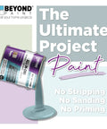 All In One Refinishing Paint For Furniture And Cabinets No Prep Needed Fast Easy Application Off White Quart Finish Delivers Durable Smooth Surface shown pouring on flat color swatch with text highlighting features.