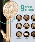 Filtered Handheld Shower Head With High Pressure Spray in gold, showing 9 modes with detachable design
