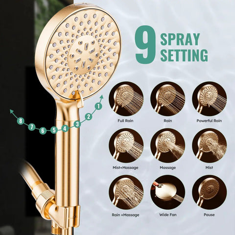 Filtered Handheld Shower Head With High Pressure Spray in gold, showing 9 modes with detachable design