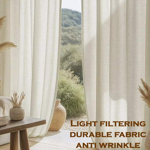 Natural Linen Light Filtering Curtains For Living Room To Add A Cozy Vibe, flax linen blended fabric, draped in a living room.