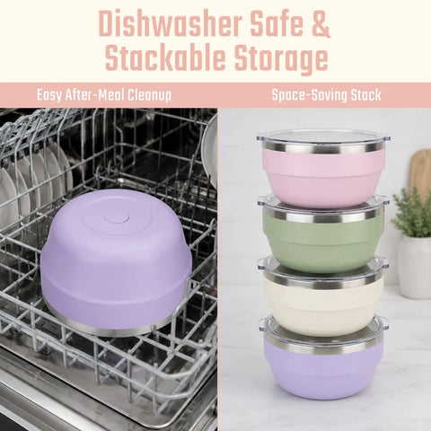 Hella Solid 32 Oz Double Wall Vacuum Insulated Stainless Steel Bowl With Tight Seal Silicone Lid Keeps Your Chow Ice Cold For Up To Twelve Hours All Day Long, dishwasher safe, stackable design, colorful lids.