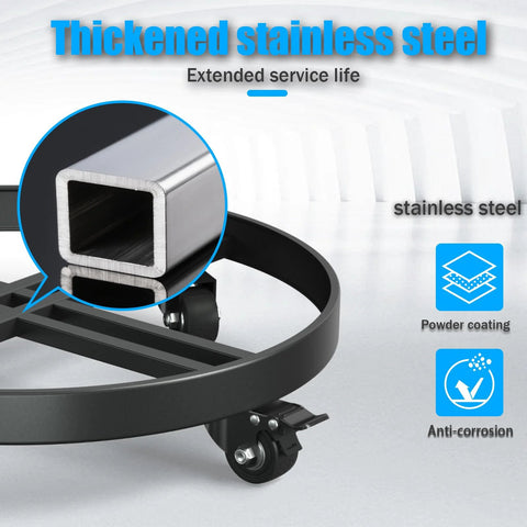 55-gallon drum dolly; close-up of square hollow stainless steel tube on black frame.