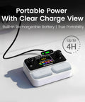 Tiny Stomp Multi Effects Guitar Pedal With 125 Effects 99 Presets 10 Modules, charging on a desk, display showing status