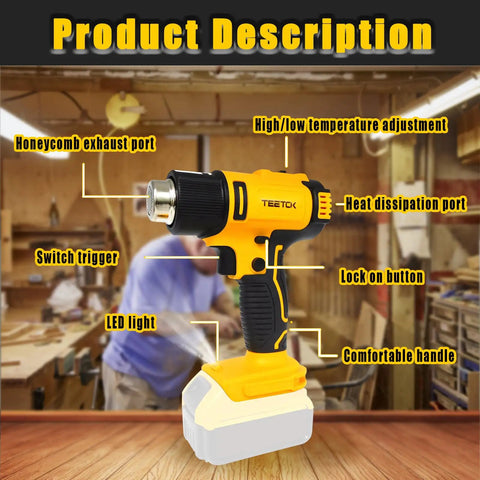 Cordless Heat Gun With Razor Scraper For Dewalt 20V Max Battery Paint Stripping Tool Dual Temp Settings DIY Replacement For DCE530B Battery Not Included shown with features labeled in workshop setting