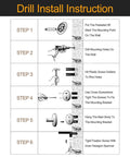 Installation guide for Adjustable Bronze 16 to 26 Inch Towel Bar Rack, showing six steps for wall mounting and fastening.