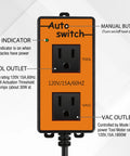 Front view of orange automatic vacuum switch with remote, two outlets labeled TOOL and VAC, and a manual button.
