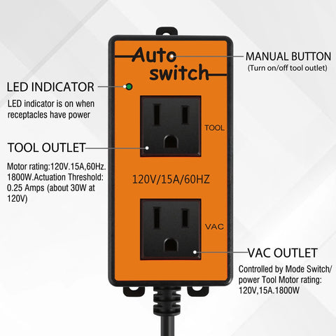 Front view of orange automatic vacuum switch with remote, two outlets labeled TOOL and VAC, and a manual button.