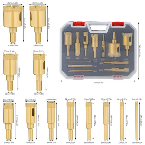 12 Piece Diamond Drill Bit Hole Saw Kit for Ceramic Glass and Tile Cutting with premium diamond particles in carrying case